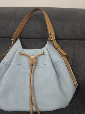 MCM Light Blue Leather Drawstring Bucket Bag Shoulder Tote